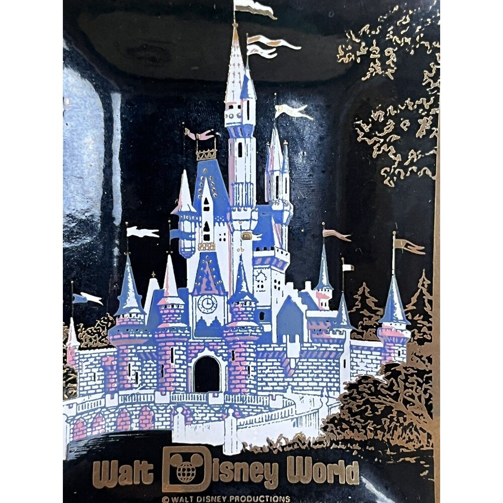 Vintage Walt DISNEY World Productions Glass Trinket Dish Smoked Gold Trim Castle - Picture 4 of 6